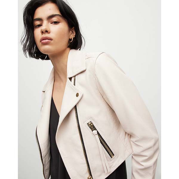 Allsaints Australia Womens Elora Cropped Leather Biker Jacket Ivory White AU91-984